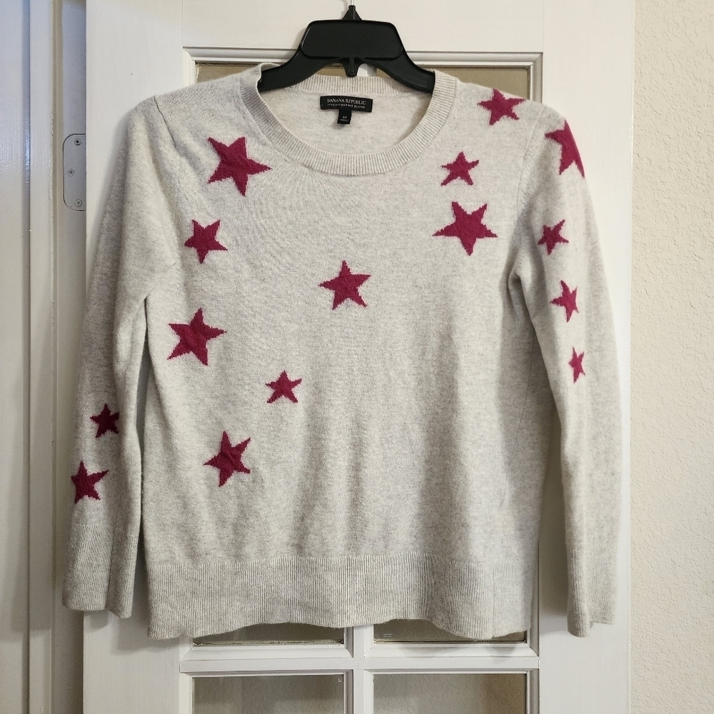 BANANA REPUBLIC Italian Merino-Blend Star Print Crew Sweater Size M Holiday ’18